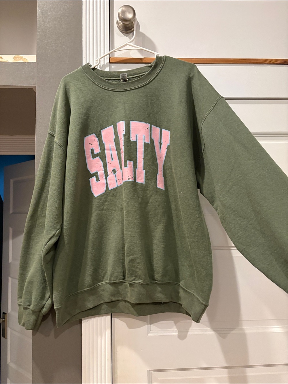 Olive Green 'SALTY' Graphic Crewneck Sweatshirt - Unbranded